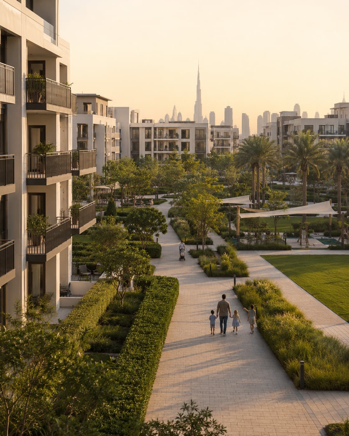 A family walking through a landscaped Dubai residential community