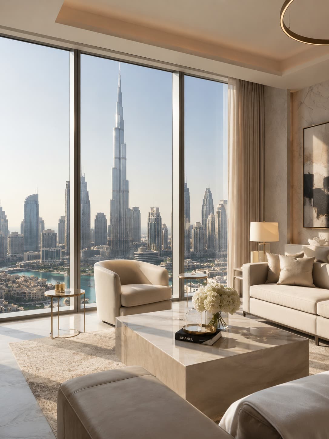 Luxury Dubai apartment interior with a Burj Khalifa view